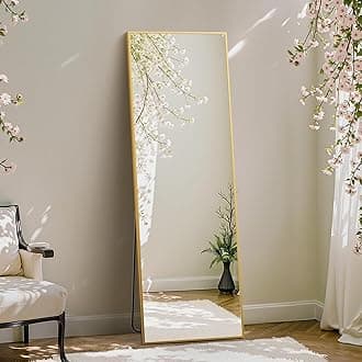 DUMOS Full Length Mirror with Stand Floor Standing Aluminum Frame for Bedroom Body Hanging Leaning Modern Simple Home Decor Shatter-Proorf Nano Glass Wall Living Room Cloakroom Gold 59"x16"