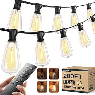 addlon 200FT(50FT*4) LED Outdoor Lights Waterproof Patio Lights with 64 Shatterproof ST38 Replaceable Bulbs(4 Spare), Dimmable Outside Hanging Light Connectable for Porch, Backyard