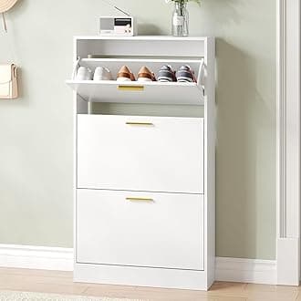Fluted Shoe Cabinet Storage for Entryway, White Shoe Organizer with 2 Flip Drawers & Open Shelf, Freestanding Hidden Large Shoe Storage Cabinet (1pc-White, 3 Flip Drawers)