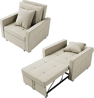3-in-1 Single Sofa Bed, Pull Out Convertible Sleeper Chair Bed with Adjustable Backrest, Pillow, Side Pockets, Breathable Linen Guest Bed for Living Room, Bedroom, Cream White