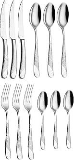 Mirror Finish Silver Plated Stainless Steel Flatware Set Copper Silverware Set Rose Gold Spoon Color Cutlery Set [Dinner Fork-Tea Spoon-Salad Spoon-Knife] Set of (Silver DOT, 12)