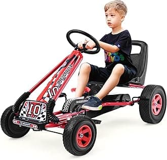 DORTALA Go Kart for Kids, 4 Wheel Off-Road Pedal Powered Go Cart with 2-Position Adjustable Bucket Seat, Safety Brakes, EVA Rubber Tires, Outdoor Ride On Racer Pedal Car for Boys & Girls (Red)
