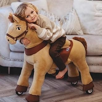 PonyCycle Kids Ride on Horse Toys Plush Interactive Riding Horse Ride for Toddlers 3-4 Walking Rocking Horse with Wheels, No Battery or Electricity, Giddy up Riding Toys Light Brown E336