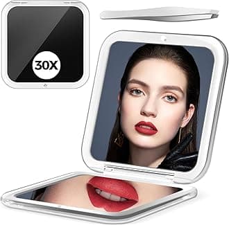 Compact 30X Magnifying Square Travel Mirror, 3.3x3.3 Inch Small Pocket, 2-Sided Women's Magnetic Portable With Precision Tweezers, Black