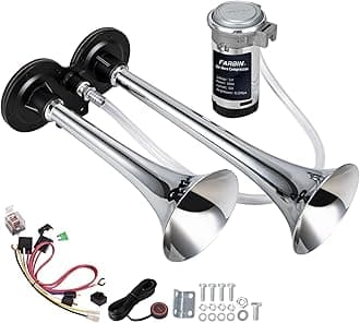 Car Horn 12V 150db Super Loud Air Horn, Chrome Zinc Dual Trumpet Air Horns, Truck Horn with Compressor Wire Harness and Button, for Any 12V Vehicles