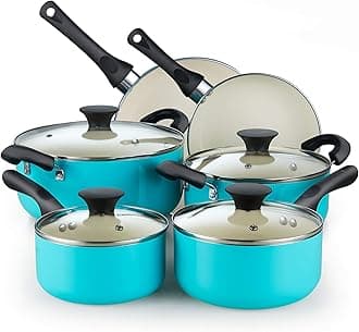 Cook N Home 10 Piece Ceramic Non-Stick Cookware Set - Pots, Pans, Dutch Ovens, Saucepans, Frying Pans, Lids - Turquoise