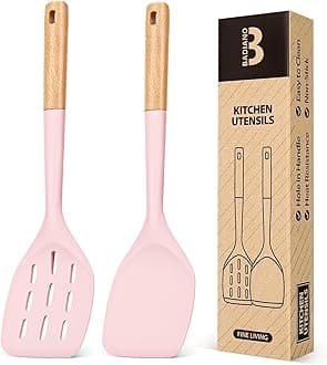 Pack of 2 Silicone Spatula, Non Stick Cooking Utensil Set Wooden Handle Kitchen Turner for Baking Mixing Grilling Serving Food Heat Resistant Non Scratch Hooks Included (Pink)
