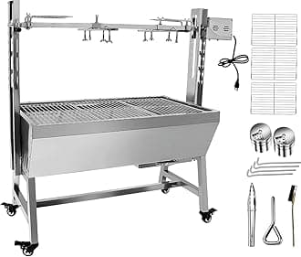 132LBS Stainless Steel Rotisserie Grill with Back Cover Guard, 25W Motor Small Pig Lamb Roaster, 37 Inch BBQ Charcoal Rotisserie Roaster for Camping & Outdoor Kitchen