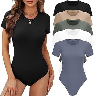 Women's 4/5 Pack Short Sleeve Round Neck Bodysuit Tops Crew Neck Basic Casual Tshirt Bodysuits