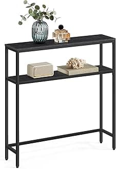 VASAGLE Console Table, 2-Tier Sofa Table, 7.9 x 31.5 x 31.5 Inches, Narrow Entryway Table, Modern Entry Table with 2 Shelves, for Living Room, Bedroom, Charcoal Gray and Ink Black ULNT130B22