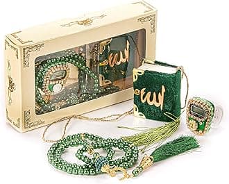 İhvan Online Mini Velvet Quran Set with Islamic Finger Counter, Portable Digital Tasbeeh, Muslim Prayer Beads, Pearl Zikirmatic Beads, 3 Pieces Gift Set for Mevlüt, Green