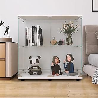 LFT HUIMEI2Y Glass Display Cabinet 2-Shelf with Double Door, Curio Cabinets Fast Installation in 30 Mins, Tempered Glass Floor Standing Bookshelf for Bedroom, Living Room 32.8”x 31.7”x 14.4” White
