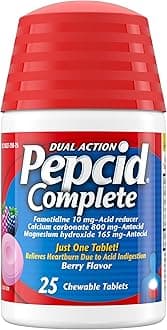 Complete Acid Reducer + Antacid Chewables, 10mg Famotidine, 800mg Calcium Carbonate & 165mg Magnesium Hydroxide per Heartburn Medicine Tablet, Antacid Chews, Berry, 25 ct