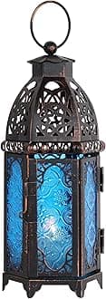 NEEDOMO Hanging Moroccan Lantern, 11'' Vintage Candle Holder, Metal Lanterns Decorative Indoor Outdoor, Table, Patio, Porch, Shelf, Gothic Home Decor (Blue, Medium Size)
