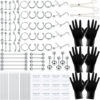 120PCS Body Piercing Kit Surgical Steel 14G 16G 20G BCR CBR Labret Lip Rings Cartilage Daith Earrings Nose Septum Nose Studs Belly Button Rings Jewelry Needles Gloves Clamps Tools