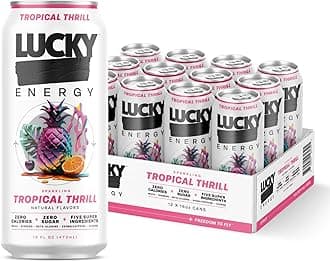 Lucky Energy Sugar Free Energy Drinks 16 Fl Oz Cans (12-Pack) Tropical Thrill with Maca, Ginseng, Taurine, Beta-Alanine, 200mg Caffeine