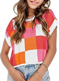 Girls Summer Crop Tops Spring Vest Cute Tanks Cap Sleeve Colorblock Tee Loose Kids Fall Knit Top