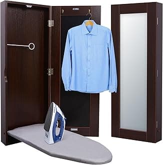 Wall-Mounted Ironing Board Cabinet, Foldable Ironing Storage Station for Home, Apartment & Small Spaces, Easy-Release Lever, with Miror Door, Walnut Color