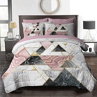 BlessLiving 8-Piece Marble Comforter for Twin Bed Pink Black Gold Modern Bed in A Bag for Girl - 1 Reversible Comforter, 2 Pillow Shams, 1 Flat Sheet, 1 Fitted Sheet, 1 Cushion Cover, 2 Pillowcases