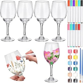 Pickmesh 4 Set Paint Your Own Glasses Kit for Adults 15 oz Wine Glass 12 Pcs DIY Markers 12 Colors Acrylic Paint with Brushes to Design Your Own Wine Glasses Gifts(High Feet)