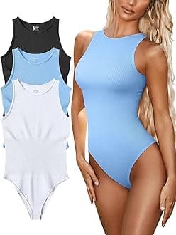 Women’s Sexy Ribbed Bodysuit Tops - 3 Piece Sleeveless Halter Neck Bodysuits with Tummy Control (Color : Black Candyblue White, Size : S)