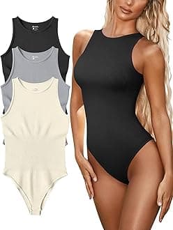 FUNNYBSGFUNNYBSG Women's Sexy Ribbed Bodysuit Tops - 3 Piece Sleeveless Halter Neck Bodysuits with Tummy Control (Color : Black Grey Beige, Size : M)