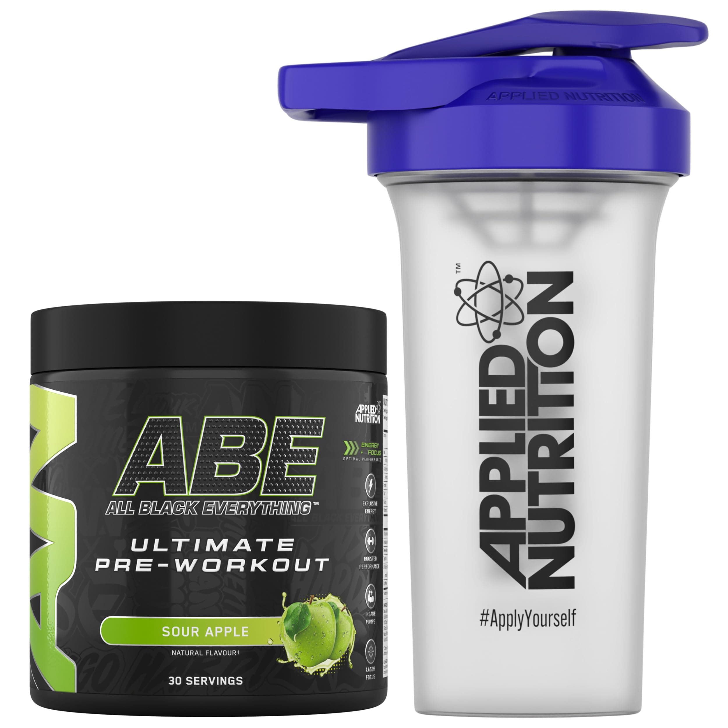 Applied Nutrition Bundle ABE Pre Workout 375g + 700ml Protein Shaker | All Black Everything Pre Workout Powder, Energy & Physical Performance with Creatine, Beta Alanine (Sour Apple)