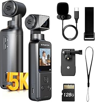 5K Body Camera with Microphone, W5 Vlogging Camera, 5K/15FPS and 4K/60FPS with 270° Rotating Lens, External Mic Support, Clip/Strap Options, EIS Stabilization for Meeting, and Daily Use (128GB)