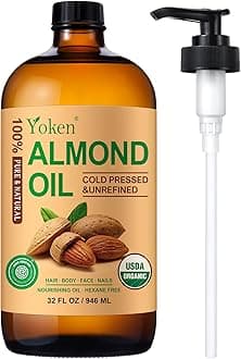 Yoken Organic Almond Oil 32 fl oz 100% USDA Pure Cold Pressed Glass Bottle Almond Oils for Skin, Hair, Face, Body Moisturizer, Smooth and Soft Skin, Base Carrier Oil for DIY, Massage