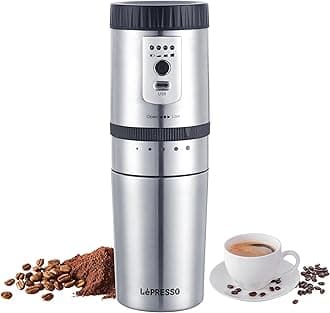 Lepresso Portable Espresso Maker, Mini Grinding & Coffee Maker, Adjustable Grinding Size, Electric Burr Coffee Grinder, Stainless Steel Blades, Mini Espresso Maker for Travel, Home, Office.