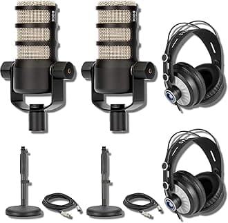 Rode PodMic Dynamic Podcasting Microphones (Pair) with Rode DS1 Microphone Desk Stands, TH-02 Studio Podcast Headphones, XLR Cables and StreamEye Polishing Cloth