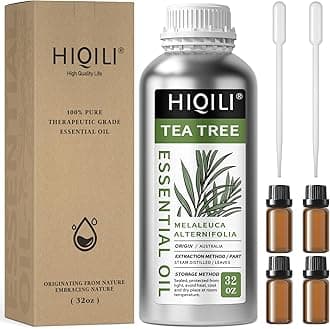 HIQILI Tea Tree Oil 32 Fl Oz, for Skin, Hair, Nail, Diffuser, Soap Making, Includes Four Portable Decanters