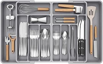 Silverware Drawer Organizer, Expandable BPA Free Plastic Utensil Tray for Kitchen, Adjustable Flatware Cutlery Holder for Spoons Forks Knives, 21.3- 36 x 16.9", Gray