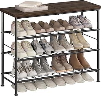 SUOERNUO Shoe Rack Organizer 4 Tier for Closet Entryway Free Standing Metal Storage Shoe Shelf with MDF Top Board，Black