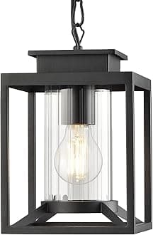 Outdoor Pendant Light for Porch, 1-Light Black Hanging Porch Light Modern Exterior Hanging Lantern with Cylinder Glass and Adjustable Chain for Gazebo, 2353/1H