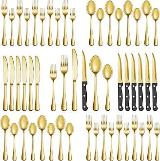 24 Pcs Gold Silverware Set with Steak Knives, Stainless Steel Flatware Cutlery Set Service for 4, Kitchen Tableware Set, Utensil Set for Home and Restaurant, Knives Forks Spoon Set, Dishwasher Safe