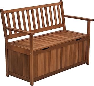 Outsunny 41 Gallon Outdoor Storage Bench, Wooden Deck Box with Inner Waterproof PE Lining, 2-Seat Container for Patio Garden Balcony Yard Store Garden Tools, Teak