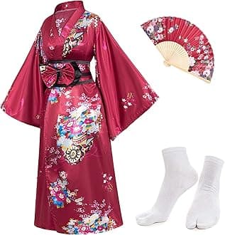 Japanese Anime Women's Kimono Robe Geisha Yukata Sweet Dress Blossom Satin Bathrobe Sleepwear Fans Tabi Socks Set