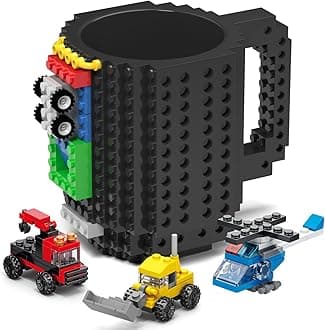 DAYMOO Build-on Brick Mug Set with 3 Random Packs of 2-in-1 Bricks, Cool Coffee Mugs for Kids, Creative Novelty Funny Coffee Mug Cup Gift for Kids Men Dad Adults Women Xmas Christmas - Black