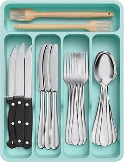 Lifewit Silverware Drawer Organizer Tray, Plastic Cutlery Storage for Kitchen Drawer, Flatware and Utensil Holder Divider for Spoons Forks Knives Tableware, 5 Compartment, Turquoise