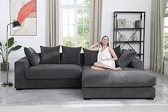 WILLIAMSPACE 109.75" Corduroy Sectional Sofa Couch for Living Room, Modern Upholstered L-Shaped Sofa with Right-Facing Chaise Lounge, Contemporary 4-Seat Couch with 6 Pillows (Dark Grey)
