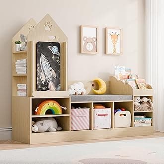 MU Kids Bookshelf with Reading Nook, Wooden Toy Storage Organizer with Chalkboard and Bench, Kids Reading Nook for Boys & Girls, Toddler Toy Shelf for Bedroom, Nursery, Playroom, Natural Oak