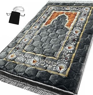 Prayer Rug Muslim Mat Islamic - Turkish Style O Prayer Rug Sajadah for Kids Men Women with Islam Prayer Beads for Eid Travel Ramadan, Soft and Luxury (Grey)