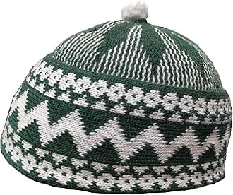 Mens Zigzag HAJI Cap - Kufi All Season Muslim Prayer TOPI Beanie HAT Crown with White Ball - Stretchable ONE Size