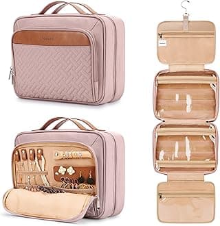 COOSKYTravel Hanging Toiletry Bag for Women, Extra Large Makeup Bag, Holds Full-Size Shampoo, with Jewelry Organizer Compartment, Waterproof Cosmetic Bag, Toiletries Kit Set with Trolley Belt, Baby Pink,