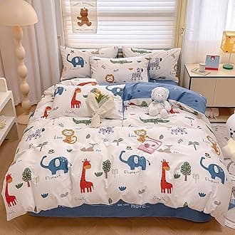 DJY Kids Duvet Cover Queen Size, 100% Cotton Zoo Animals Duvet Cover Set for Boys Girls, Cartoon Lion Giraffe Elephant Print, Soft Breathable Bedding Set(1 Duvet Cover+2 Pillowcases)