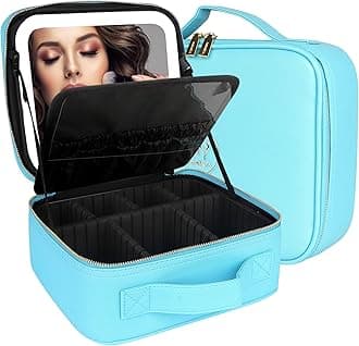 MOMIRA Makeup Box with Mirror Cosmetic Storage Box Cosmetic Box Cosmetic Box Cosmetic Case with Adjustable Dividers 3 Color Adjustable LED Light with Makeup Brush Case Handheld Large Capacity Freestanding Professional Portable Travel - Diamond Blue