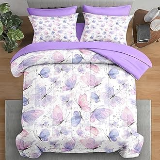 Comforter Set Full Size, Cute Lilac Pink 7 Pcs Bedding for Kids and Adults, Butterfly Cat Purple Bed Sheet Sets with Fitted Sheet 2 Pillowcases & 2 Shams for Bedroom Bed Decor