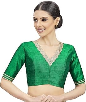Studio Shringaar Women's Readymade Silky Saree Blouse Elbow Length Sleeves With Embroidered Neckline Choli