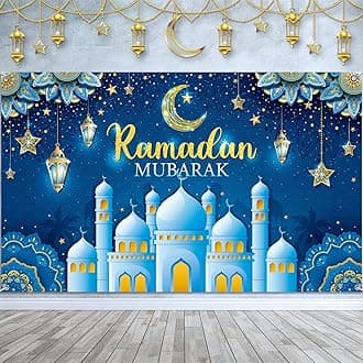 Boyiee Ramadan Mubarak Decorations Backdrop Banner Muslim Ramadan Kareem Background Eid Mubarak Sign Photo Booth Backdrop Background for Home Muslim Eid Al Fitr Party Supplies(Blue)